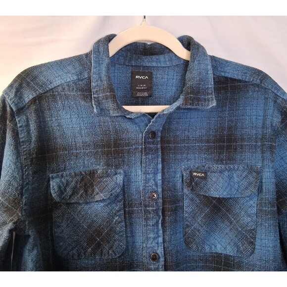 RVCA Vesuvio Men's Cotton Flannel Blue Black Plaid Size L - Picture 3 of 15